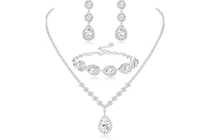 Diamday Sposa Gioielli Set Argento Strass Collana Bracciale Orecchini a Clip per Sposa Damigella Ciondolo Cristallo Matrimonio Prom Gioielli Accessori per Donne