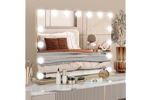 YOURLITE Lustro do makijażu Hollywood z dotykową podświetlaną diodą LED 58 x 45 cm, zmienna temperatura i jasność, z małym lusterkiem powiększającym, 15 żarówek, port USB, złote