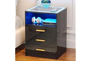 yoofun Bedside Table with Wireless Charging Station, LED Nightstand Glass Top, High Gloss Smart Sofa Side End Table with 3 Drawers for Living Room Bedroom Black
