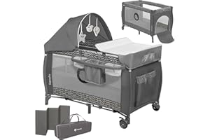 lionelo Sven Plus boîte 2 en 1 lit bébé, Table à Langer, Jouets, baldaquin Suspendu avec moustiquaire, entrée latérale supplémentaire Rouleaux, Mobiles, système LockGuard