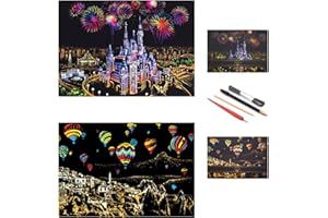 SiYear Scratch Paper Rainbow Paper Sketch, City Series Night Scene, Cadeau créatif de Peinture Scratch, Panneau d'affichage pour Adultes et Enfants avec 4 Outils '' (château + montgolfière