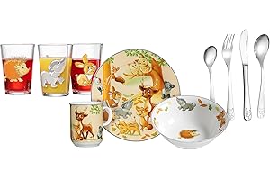 Ritzenhoff & Breker Kindergeschirr-Set Waldtiere mit Besteck und Trinkgläsern, 10-teilig, Porzellan