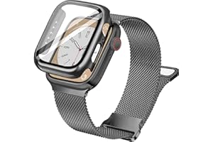 Vamyzji Compatible with Apple Watch Strap+44mm Protective Case with Screen Protector, Adjustable Magnetic Milanese Mesh Metal iWatch Strap for 44mm Apple Watch SE series 6 5 4（Black, 44 mm）
