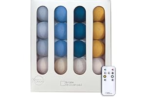 La Case de Cousin Paul Guirlande Lumineuse Chambre Enfant Boules Coton Tissé LED, Télécommande, Programmable, USB, Fabriquée à la Main, Artisanale - 16 Boules (nuit étoilé)