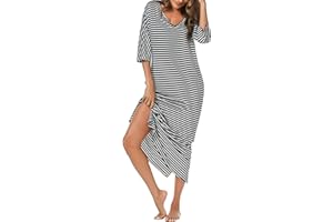 Uniexcosm Damska koszula nocna, długa, bawełna, rękawy 3/4, bielizna nocna, dekolt w serek, sukienka na czas wolny, luźny krój, koszulka do spania z kieszeniami