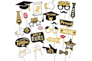 2025 Graduation Photo Booth Props, Kaluofan 25PCS Black and Gold Graduation Party Decorations, Party Props Accessories for Adults and Kids, Funny Photo Props for Primary Secondary School University