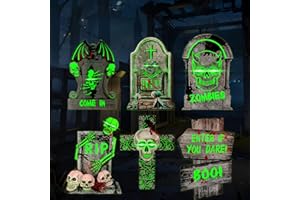GEULIEBY Halloween Grabsteine Deko, 6 Stück LED Fluoreszierend Grabsteine für den Friedhof, Wasserdichtes Grabstein Schilde mit 10 mini LED Licht, für Friedhof Zombie Party Halloween Garten Dekoration