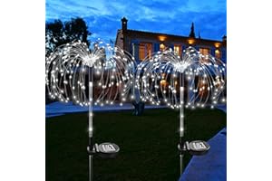 NMM Luces Solares de Fuegos Artificiales, 2 Pack 120 LED Impermeable al Aire Libre 2 Modos de Iluminación Solar de Jardín Para el Césped, Patio, Decoración (Blanco)