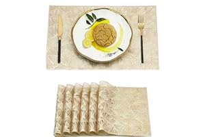 Qucover Zestaw 6 mat stołowych złote podkładki prostokątne, odporne na wysokie temperatury, zmywalne złote plastikowe podkładki na stół i podstawki pod stół do jadalni Boże Narodzenie, mata stołowa, liść miłorzębu