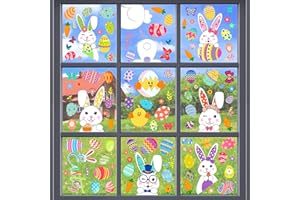‎JSRHEEM Fensterbilder Ostern, 9 Blätter Fensterbilder Selbstklebend Ostern Wiederverwendbar, Osterdeko Fensterbilder mit Hasen Ostereier Karotten Blumen Muster, für Kinderzimmer, Zimmer Fenster Anzeige