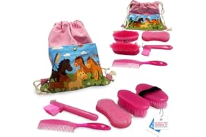EQUI-NEAT Children's Horse Grooming Kit with Bag - Pony Gift Set Includes Curry Comb, Hoof Pick, Brushes and Comb - Available in Blue or Pink - Ideal Kids Grooming Kit Horse Present Gift - Pink