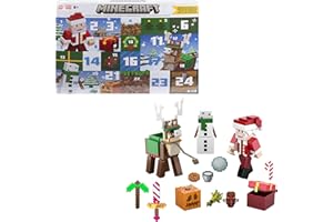 Mattel Minecraft Calendrier de l?Avent Figurines articulées de 8,25 cm dont le Père Noël, 17 accessoires et 4 autocollants, design pixélisé, HXM86