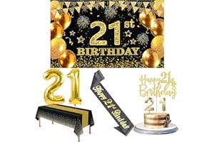 AMOSKING 21st Birthday Decorations for Her Him with 21st Birthday Banner, Black and Gold Table Cloth, Number Balloons, Black Glitter Sash, Cake Topper and Candles