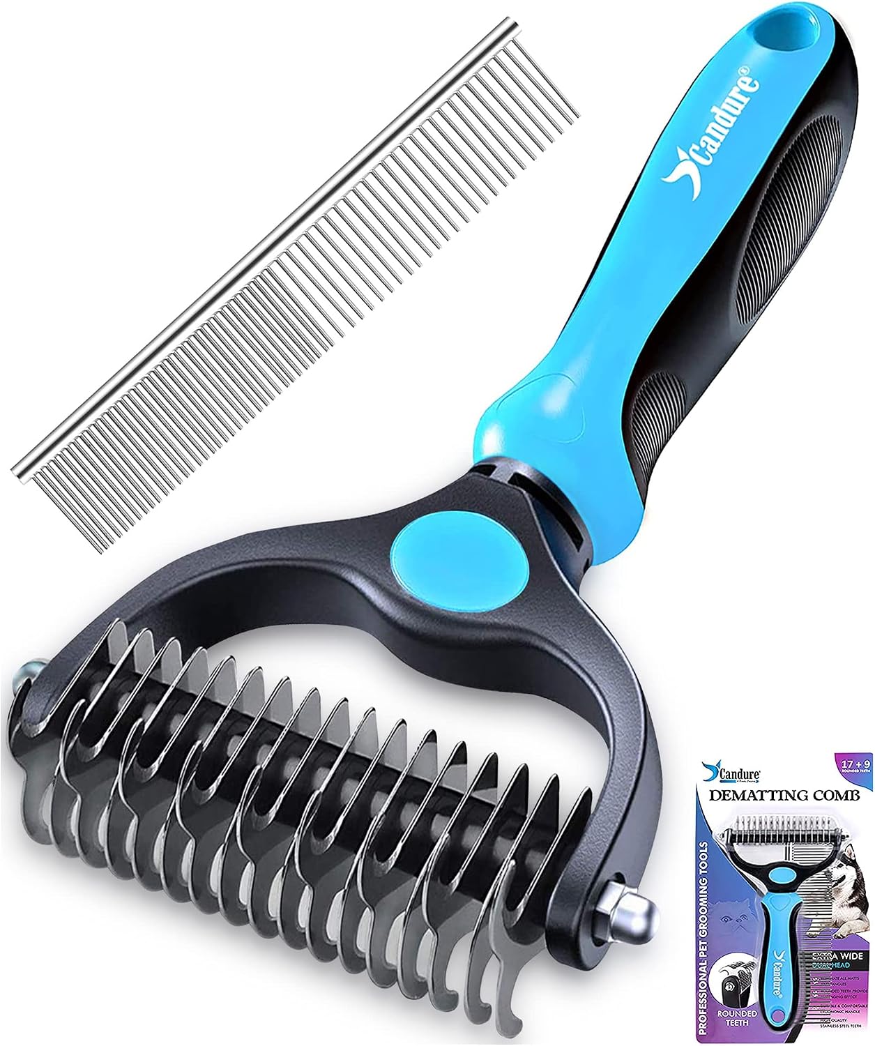Candure Brosse Chien et Chat Professionnel Brosse Chien Poil Long Toilettage du Chien Râteau Dents à Double Face 17+9 Élimine Les Nœuds, Les Tapis et Les Cheveux Emmêlé (Azul)