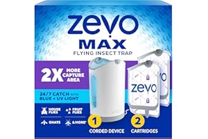 Zevo MAX Bug Catcher & Fly Trap for Indoors - Flying Insect Trap for Gnats, House & Fruit Flies - Use in Any Room - No-Mess Disposal (1 Plug in Base & 2 Cartridges)