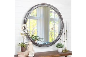 JJUUYOU Specchio rotondo circolare per bagno rustico marrone specchio da bagno piccolo cerchio da parete per parete cornice in legno specchi da trucco per casa colonica soggiorno camera da letto