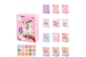SWIECEDON Papiertüten mit Henkel 12 Stück Geschenktüten Kindergeburtstag Partytüten mit Stickern Geburtstag Papier Geschenktüten Candy Tüten für Geschenk Party Hochzeit Giveaways Einkaufen(Einhorn Color)