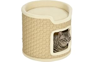 PawHut Kratztonne, 37 cm Hoch Katzentonne, Katzenhöhle mit Tür, Katzenhaus, Kratzbaum mit 2 Ebene, Katzenturm, Katzenbett aus Sisal, für Katze bis 5 kg, Khaki