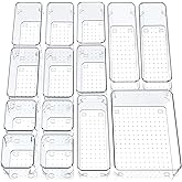 SMAZIUL 14 Pcs Clear Drawer Organiser with 4 sizes Desk Organizer ideal for organizing, cosmetics, makeup, jewelry, office su
