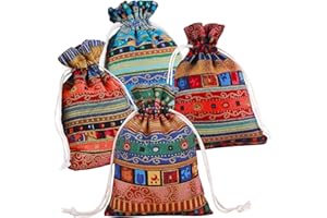 [12 Pack] Ethnic Style Drawstring Gift Bag Cotton Reusable Grocery Bags 13x18cm - Pinowu Jewelry Coin Pouches Biodegradable Eco-Friendly Sachet Bags for Candy Wedding Party Valentine Favors