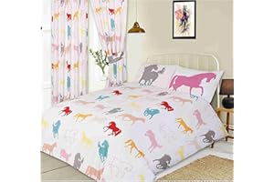 Single Bed Horses White, Duvet / Quilt Cover Set BY KIDZ KOLLECTIONZ, Novelty Kids Pony Equestrian Show Silhouette, Grey Pink Orange Teal Green Blue Red