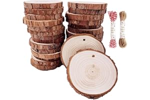 William Craft Rodajas de Madera Círculos 5-6cm 40 pcs Discos de Madera Rebanada 10m Cuerda de Cáñamo Maderas Naturales Perforado Con Corteza de Árbol Para Manualidades