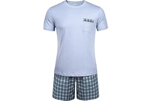 Winovia Schlafanzug Herren Kurz Pyjama 100% Baumwolle Kurzarm Nachtwäsche Nightwear Set mit Rundhals Design und Karierter Hose