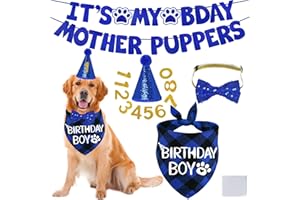 STMK Dog Birthday Decorations, Multi Sizes Dog Birthday Hat Bandana Bow Tie Numbers It’s My Bday Mother Puppers Banner for Large Extra Large Dogs Pets (X-Large, Blue)