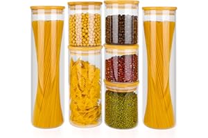 Otauoaea Set di 7 barattoli con coperchio, ermetici, con coperchio in legno, per chicchi di caffè, grani, noci, farina, pasta, spaghetti