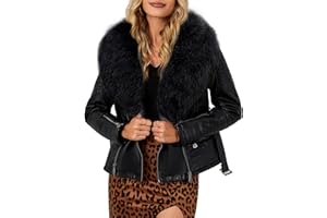 BELLIVERA Chaqueta de piel sintética para mujer, abrigo de motociclista con forro de sherpa y cuello de piel desmontable