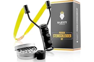 MAJESTY FOREST® Premium Steinschleuder Set - Profi Schleuder Zwille für Sport und Outdoor - Slingshot Bundle mit 100 Stahlkugeln + Ersatzgummi und E-Book