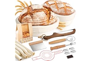 NZQXJXZ Cesta de Fermentación para Pan 23 cm, 15 Piezas Kit Completo de Panadero, Banetones de Caña Natural, Cesta para Pan de Masa Madre para Principiantes y Experimentados