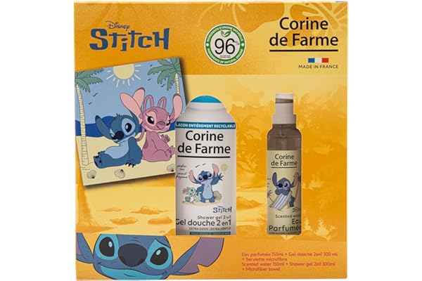 Corine de Farme - Coffret Stitch : Eau Parfumée 150ml + Gel Douche 2en1 300ml + Serviette Microfibre - Parfum Fleur de Tiaré et Coco - Ingrédients Naturels