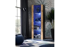 Komodee, Vitrina Tivoli, Wotan Negro, Ancho 55 cm x Alto 159 cm x Profundidad 35 cm, LED Azul, 3 estantes, para salón, Dormitorio, Pasillo