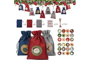 DENGBABA Advent Calendar Bag, Empty Advent Calendar to Fill Yourself, 24pcs DIY Reusable Fabric Drawstring Bags with Wooden Clips,Hemp Rope and Stickers, Make Your Own Countdown Christmas Decorations Gift