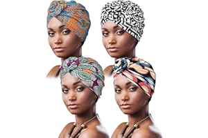 DRESHOW 4 Pezzi Donna Africana Turbante Sciarpa Avvolge Testa Boho Turbante Elastico Annodato Berretto Pre-annodato Berretto Chemio Cappello
