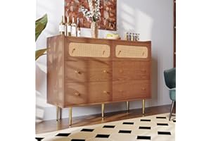 Sweiko Kommode mit 6 Schubladen, Rattan Sideboard mit goldenen Metallbeinen Schubladenkommode Holz Mehrzweckschrank für Flur Schlafzimmer Wohnzimmer Badezimmer Kinderzimmer als Sideboard Highboard