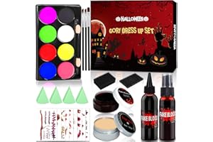KDISHKRA Kit Maquillaje Halloween Profesional - 44 piezas, Pinturas cara para Niños Adulto Halloween Sangre Falsa, Cera Cicatriz, Sangre Falsa, pegatinas para tatuajes, Halloween Makeup