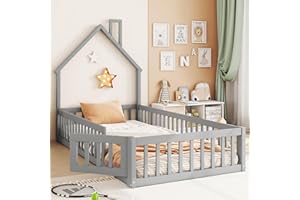MYBOO Kinderbett Bodenbett Einzelbett 90x200 cm mit Sicherheitsgitter&Lattenrost&Schornsteinform, Montessori Bett Bed Gitterbett Hausbett Holzbett Bettgestell Jugendbett, Kiefernholz, Ohne Matratze, Grau
