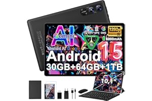 fezawio Android 15 Tablet 10 Pollici Gemini AI, Tablet PC Octa-Core, 30 GB RAM + 64 GB ROM (1TB TF), 3.5mm Audio/GMS/WiFi 6 & BT 5.0 / 6000mAh / GPS/Widevine L1,Tablets con Tastiera e Mouse-nero