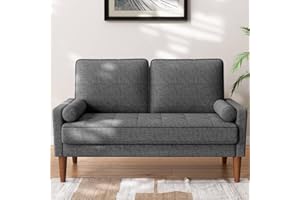 MESKANU Sofa 2 Sitzer, Modernes 2er Sofa mit 2 Wurfkissen, Kleine Stoffcouch mit Armlehne, Mini Sofa für Wohnzimmer/Wohnung/Büro, Einfache Montage, Dunkelgrau, 121 x 77 x 87CM