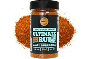 SALDVA Ultimate Rub BBQ Condimento multiusos - Sabrosa y versátil mezcla 100% natural de especias - Para increíbles platos de carne de vacuno, cerdo, aves y verduras a la barbacoa - Tarro Grande (230 g)