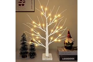 SKYELE Christmas Twig Tree with Lights, 60cm White Birch Tree Lights Battery Operated and USB Powered with 28 Warm White LEDs Ornament/ 2 Modes/Timer for Xmas Home Party Wedding Tabletop Decorations