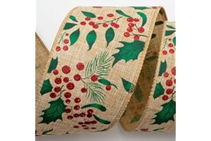 Italian Options Holly Glitter Berries Natural Linen Wired Ribbon,Christmas Hessian Ribbon for Crafts,Gift Wrapping Accessories,Wreaths,Tree Decorations, Burlap Fabric, Natural, 63 mm x 10 Metre Roll