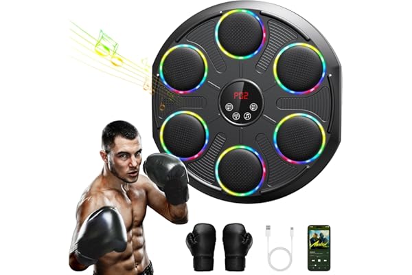 Máquina de Boxeo Musical, Extra Grande Profesional de Pared con LED Dinámico y Guantes, Bluetooth Smart, Máquina Electrónica a 12 Velocidades, para Adultos y Niños, Interior y Gimnasios, Negro