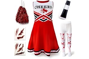 BLUE PLANET FANCY DRESS Zombie Cheerleader Halloween Costume for Kids Ages 7-12, Zombie Fancy Dress Outfit for Girls with Pom Poms Tights Red High School Cheerleader Costume and Fake Blood Easy Halloween Kids Dress Up Pack