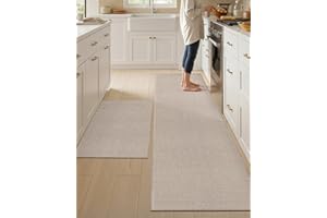 COLOR&GEOMETRY Kitchen Rugs Non Slip Washable 61x92cm+61x210cm, 4mm Thin Woven Rubber Backed Kitchen Runner Rug, Absorbent Easy to Clean Floor Mats for in Front of Sink, Laundry Room, Hallway, Khaki