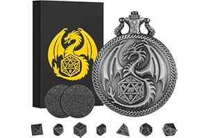 KELLER & WEBER Mini Set di Dadi DND, Cassa per Orologio da Tasca con Incisione del Drago, Set di Dadi D&D in Metallo Poliedrico da 7 Pezzi, Regali di DND con Regalo, Accessori per Giochi da Tavolo, Argento Scuro