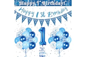 KISPATTI 1st Birthday Decorations for Boys, Blue 1st Balloons Happy Birthday Banner for Party Decoration, Number 1 Balloon Triangle Flag Confetti Balloons for Boy First Party Supplies