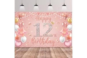 AURMONIGO Happy 12th Birthday Decorations Banner - Pink Rose Gold Decoration Backdrop Photography Background, Fabric Sign Poster for 12 Years Old Girls Birthday Party Supplies